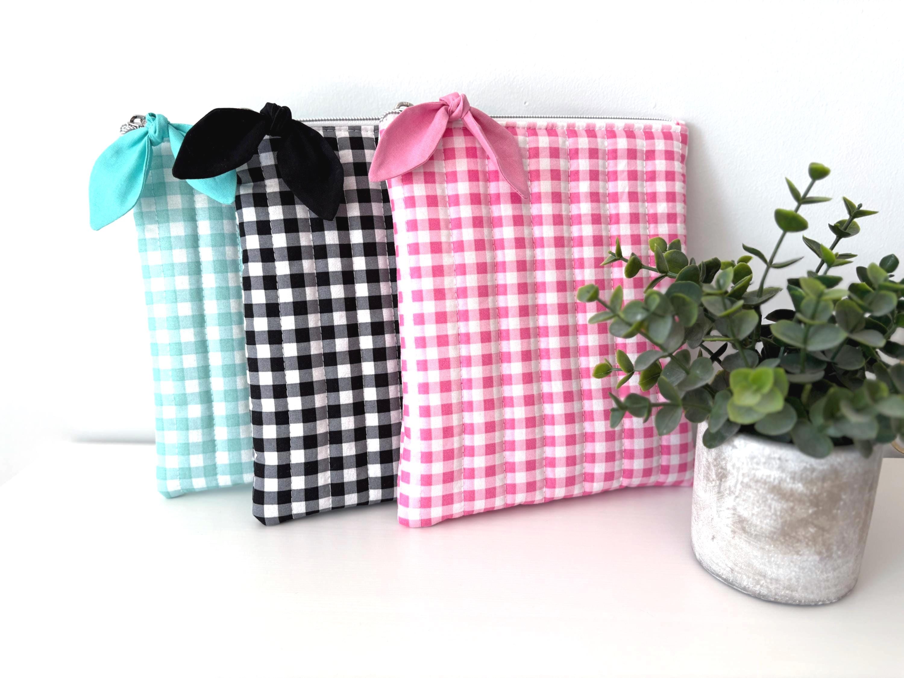Pink, Black and Teal Gingham Quilted Kindle Sleeve: Padded Cotton E - reader Cover - All About Bags Co