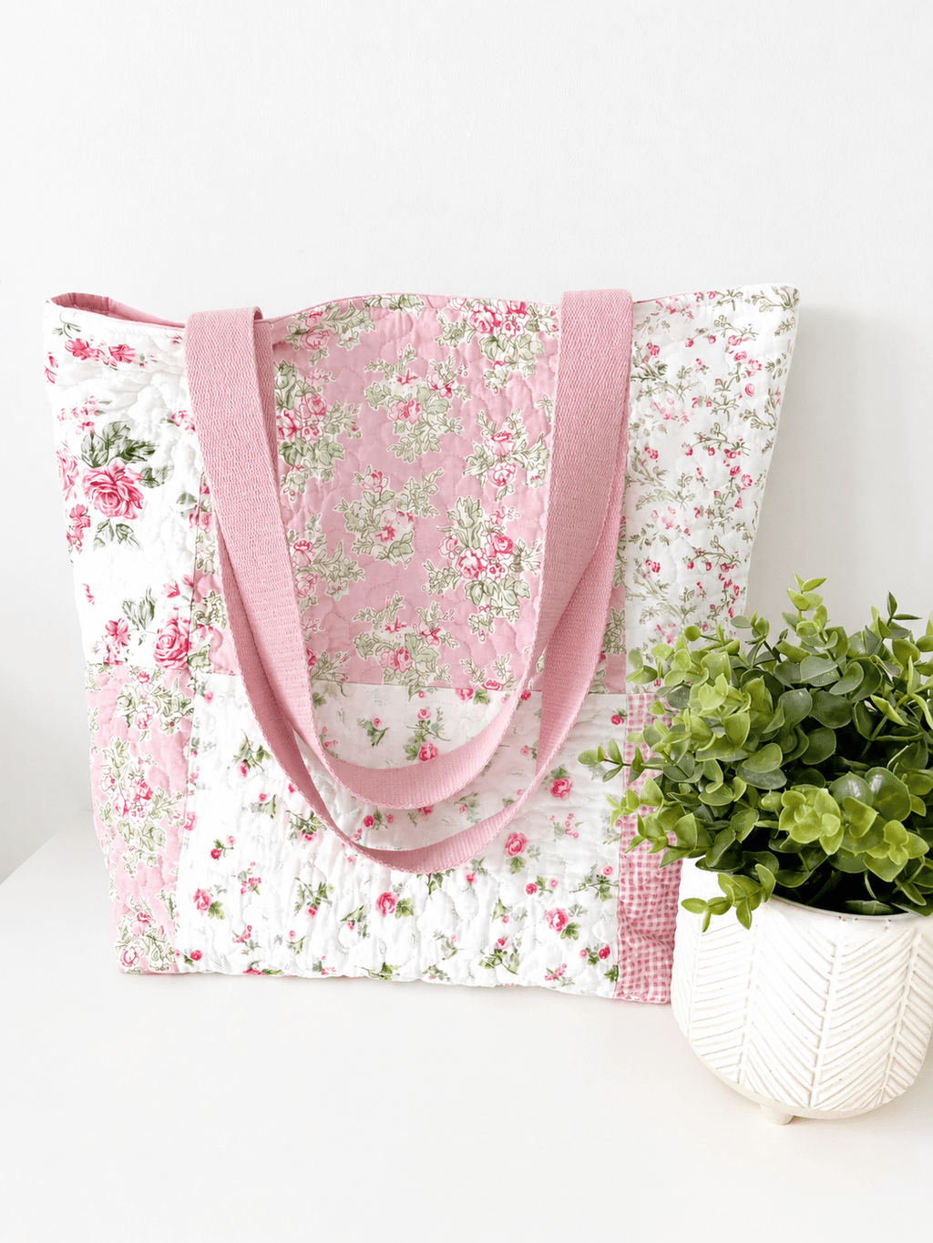 Pink Floral Patchwork Quilted Cotton Tote Bag - All About Bags Co