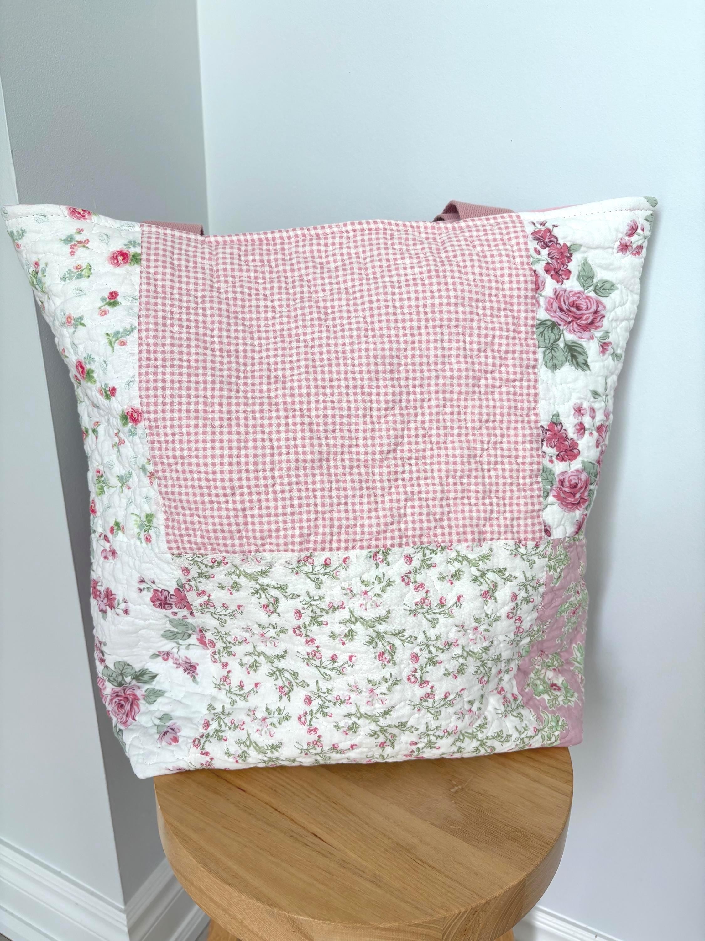 Pink Floral Patchwork Quilted Cotton Tote Bag - All About Bags Co