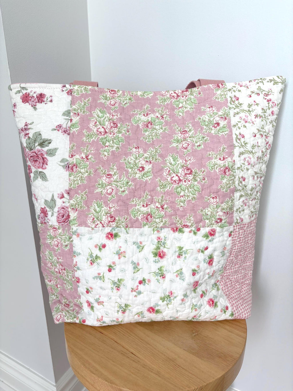 Pink Floral Patchwork Quilted Cotton Tote Bag - All About Bags Co