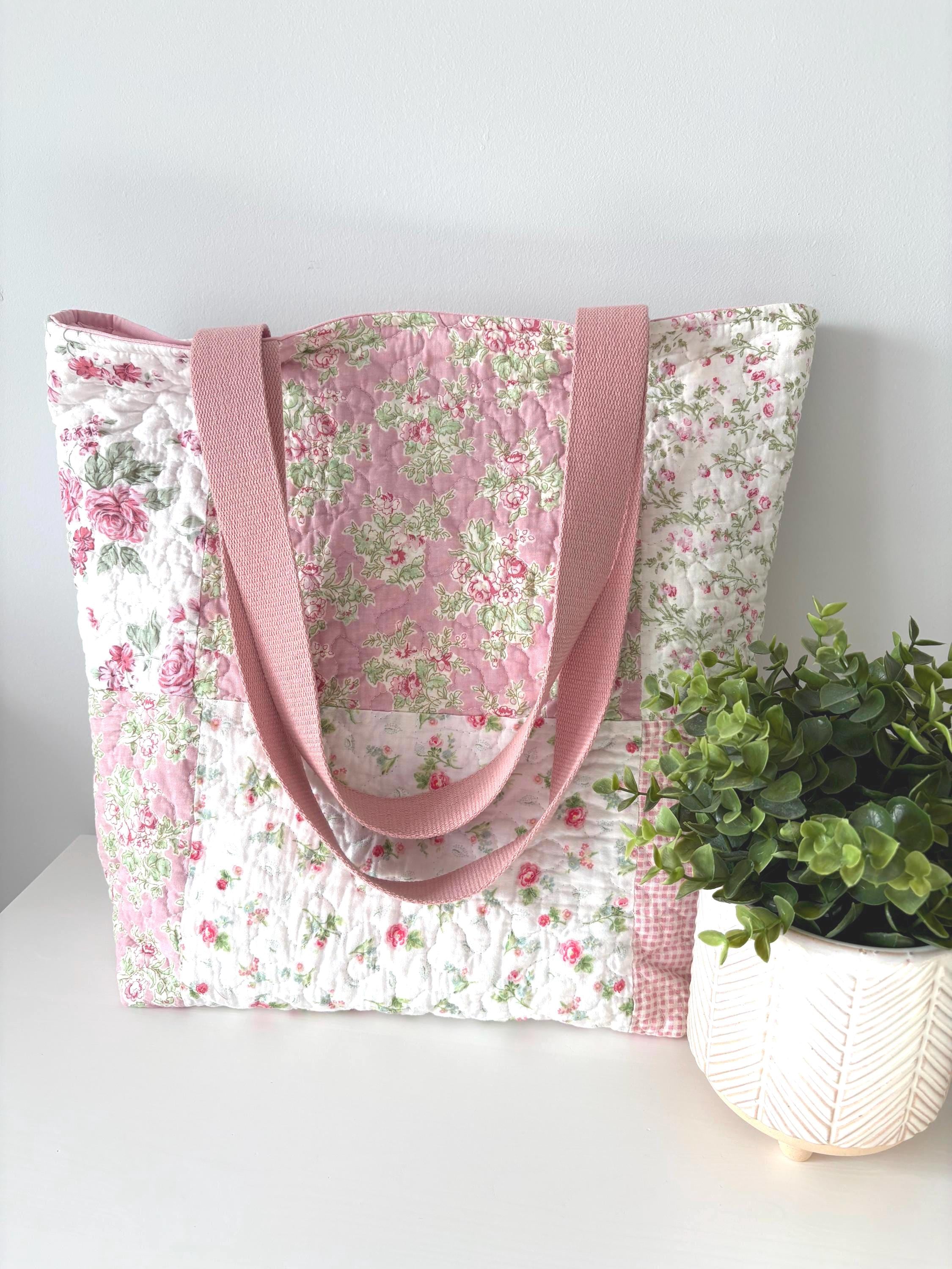 Pink Floral Patchwork Quilted Cotton Tote Bag - All About Bags Co