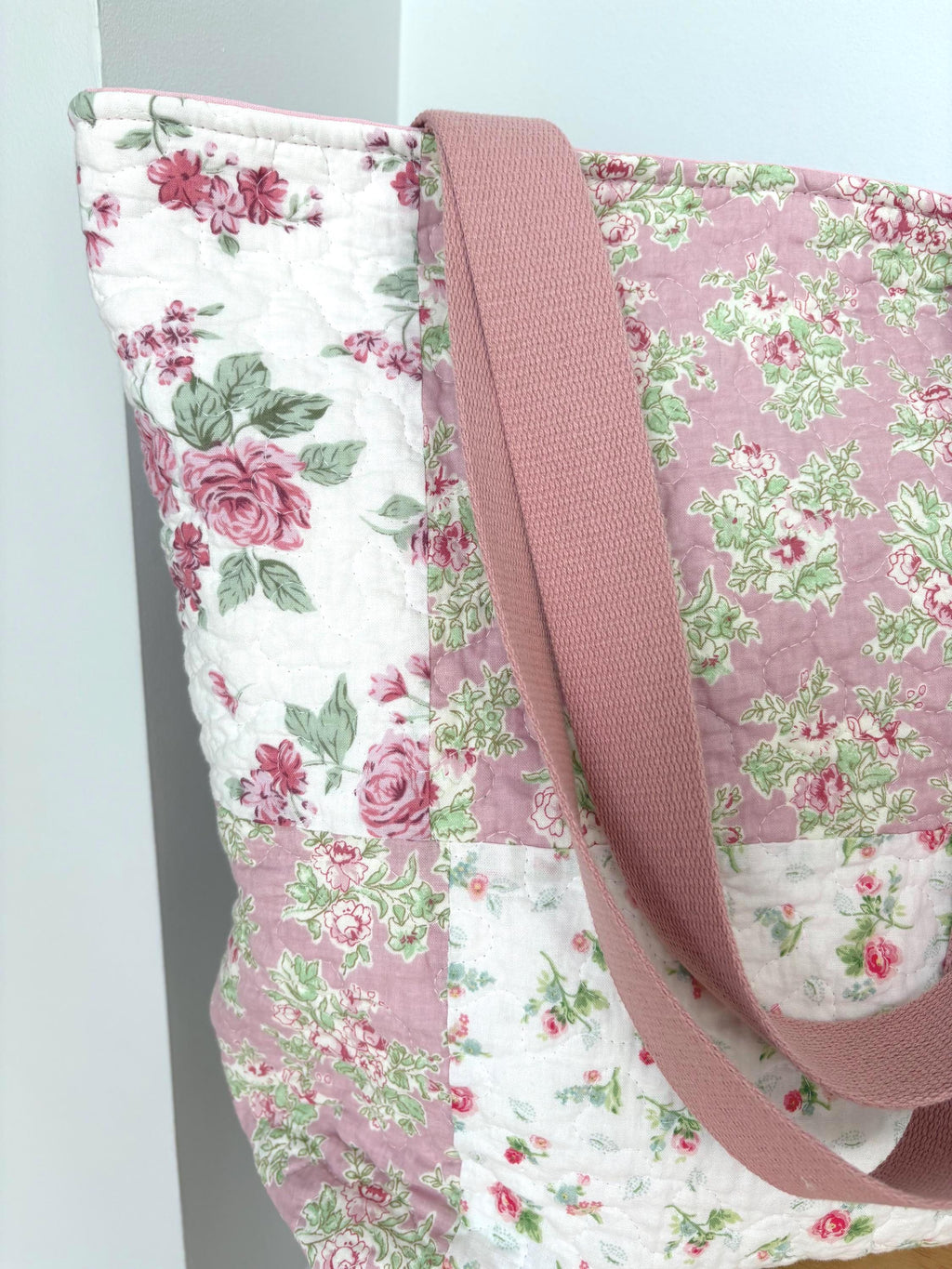 Pink Floral Patchwork Quilted Cotton Tote Bag - All About Bags Co