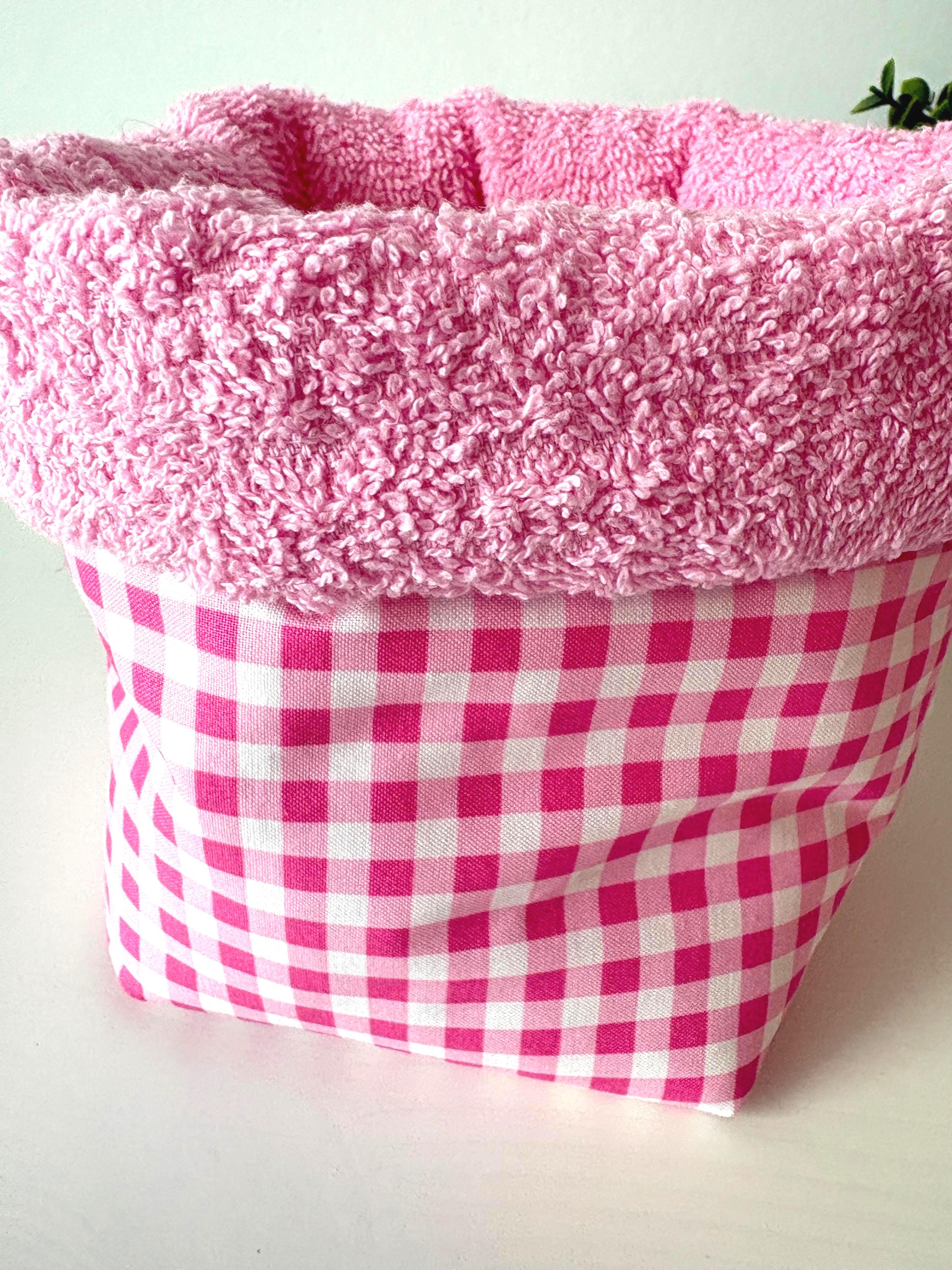 Pink gingham Padded Vanity Organizer with Towel lining – Handmade Cotton puffy basket - All About Bags Co