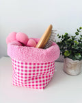 Pink gingham Padded Vanity Organizer with Towel lining – Handmade Cotton puffy basket - All About Bags Co