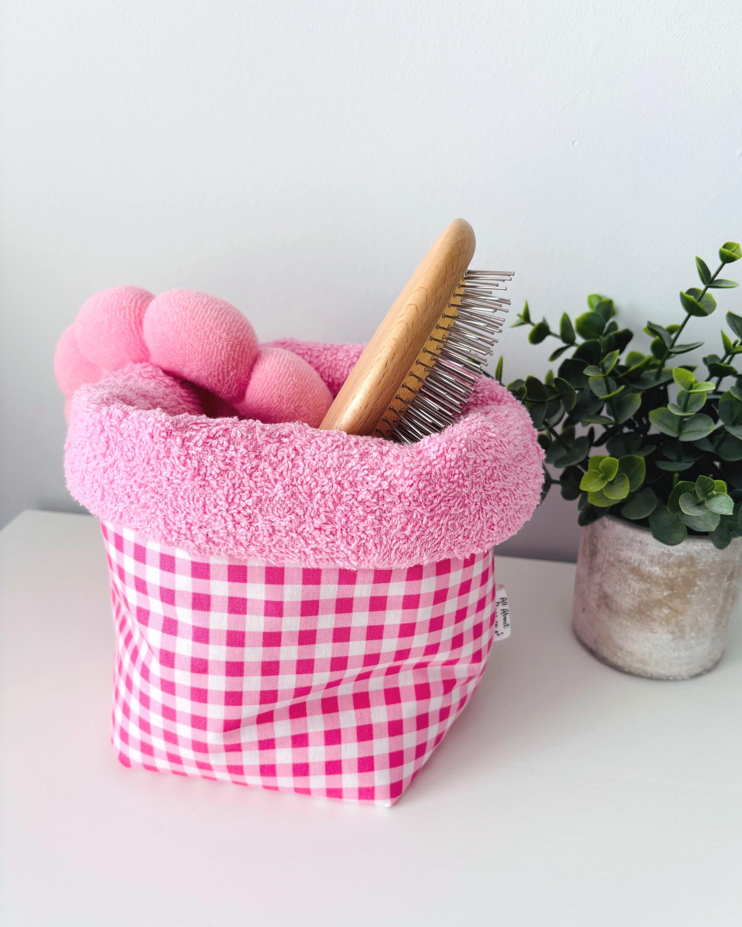 Pink gingham Padded Vanity Organizer with Towel lining – Handmade Cotton puffy basket - All About Bags Co