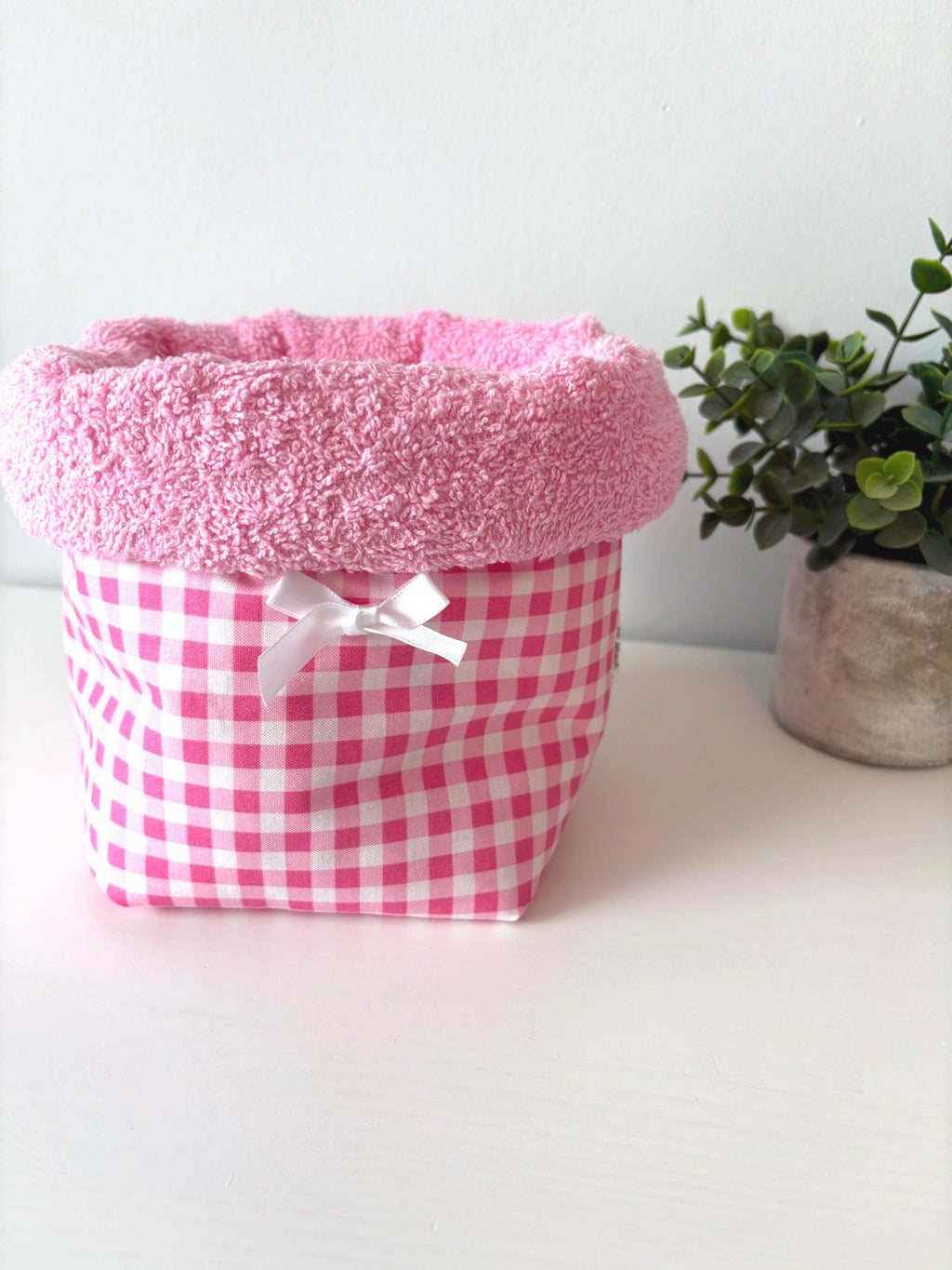 Pink gingham Padded Vanity Organizer with Towel lining – Handmade Cotton puffy basket - All About Bags Co