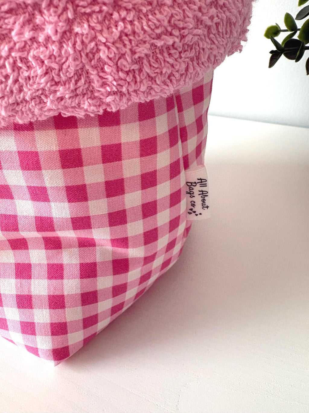 Pink gingham Padded Vanity Organizer with Towel lining – Handmade Cotton puffy basket - All About Bags Co