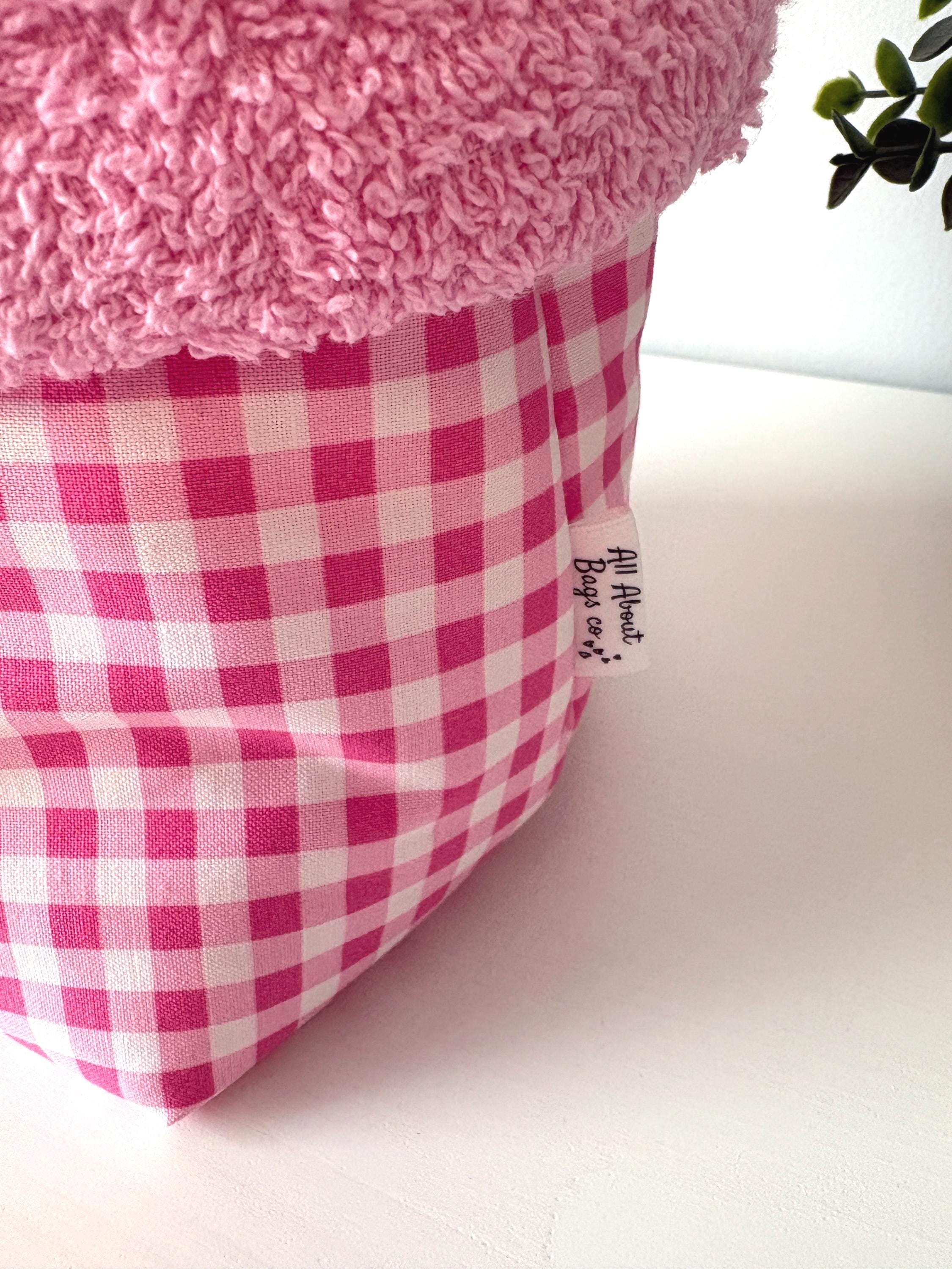 Pink gingham Padded Vanity Organizer with Towel lining – Handmade Cotton puffy basket - All About Bags Co