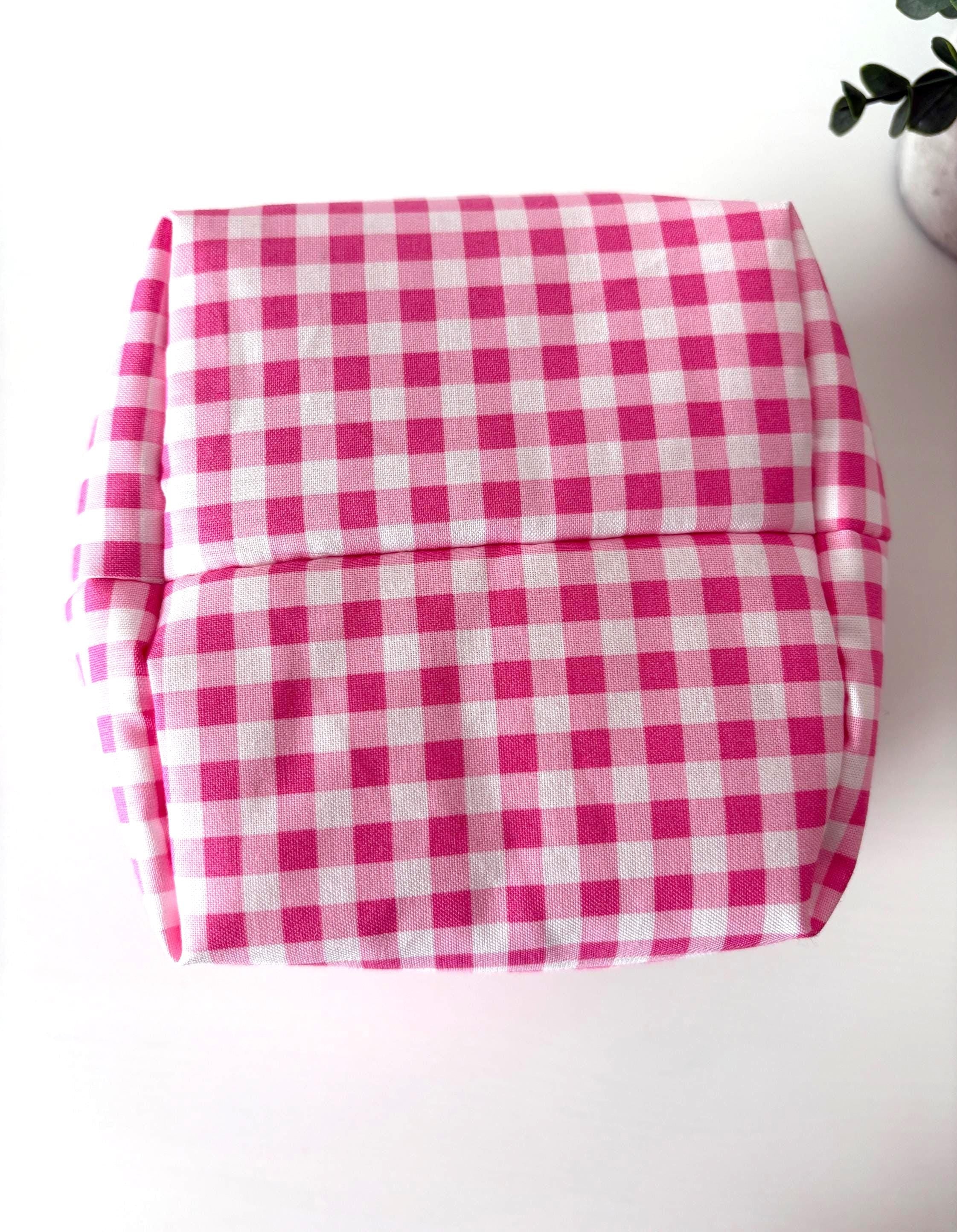 Pink gingham Padded Vanity Organizer with Towel lining – Handmade Cotton puffy basket - All About Bags Co