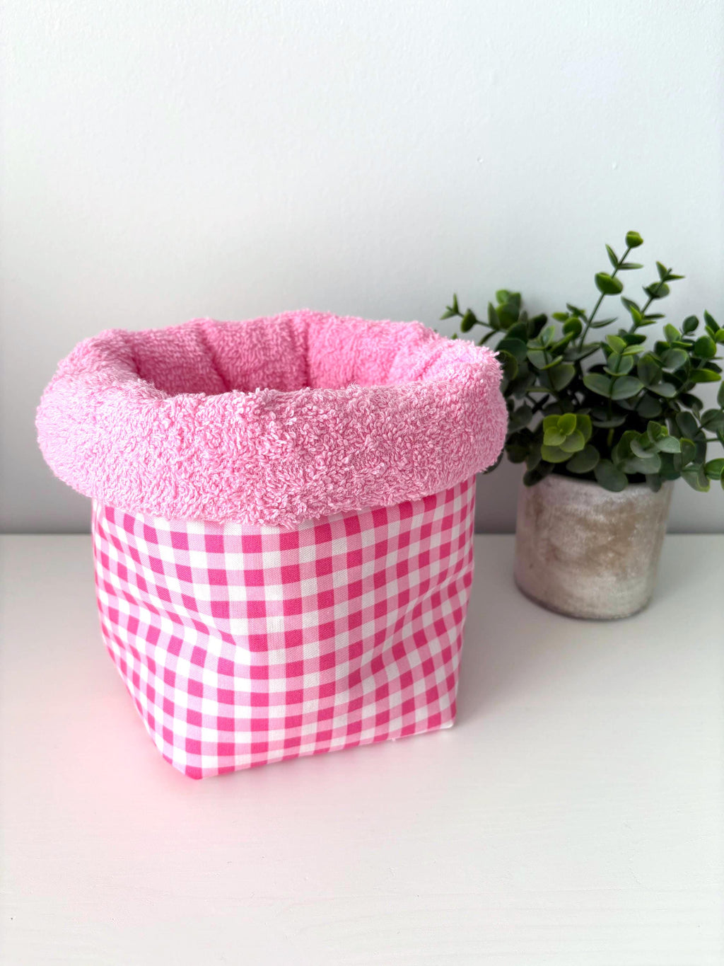 Pink gingham Padded Vanity Organizer with Towel lining – Handmade Cotton puffy basket - All About Bags Co