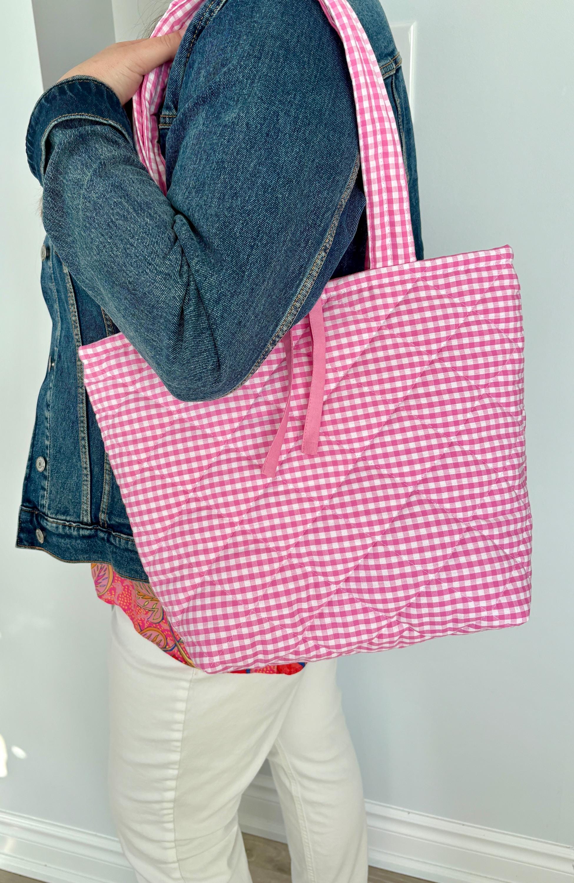 Pink Gingham Quilted Cotton Padded Tote Bag, Cottage core purse - All About Bags Co