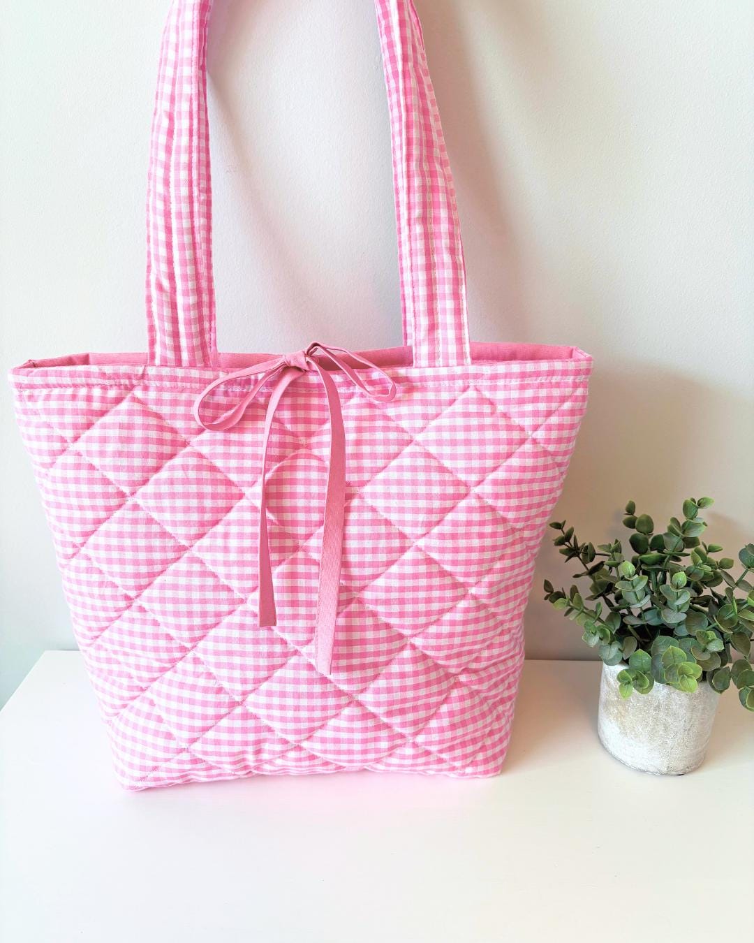 Pink Gingham Quilted Cotton Padded Tote Bag, Cottage core purse - All About Bags Co