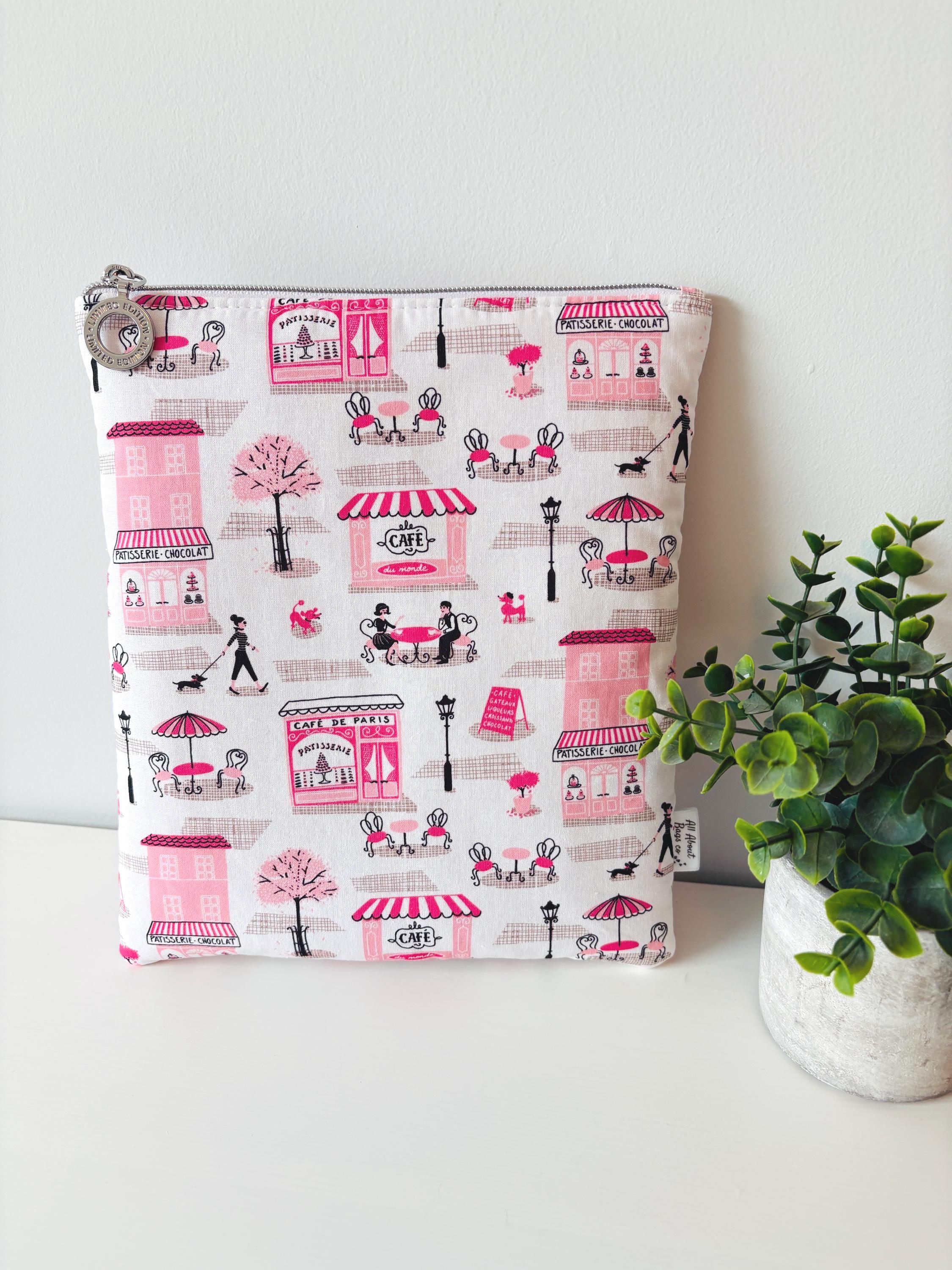 Pink Paris cafe print Kindle Sleeve: Padded E - reader Cover and book sleeve - All About Bags Co