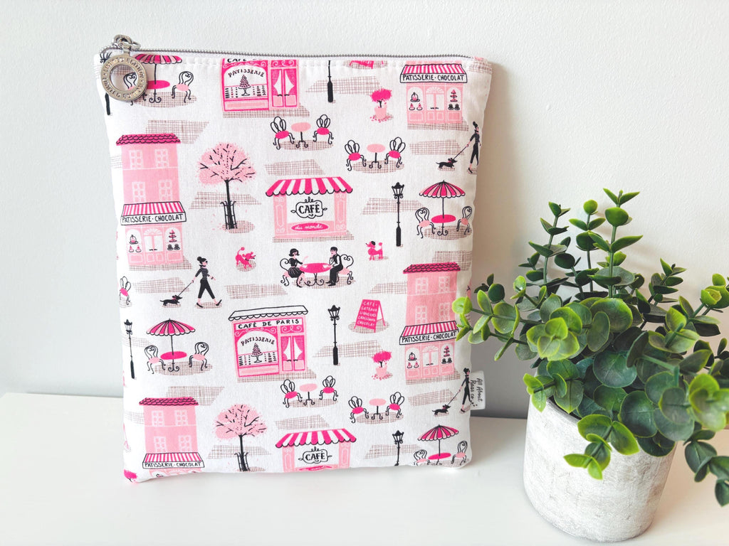 Pink Paris cafe print Kindle Sleeve: Padded E - reader Cover and book sleeve - All About Bags Co