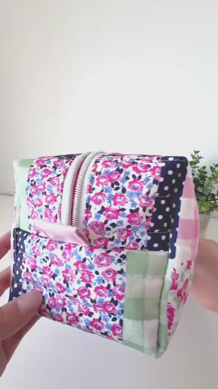 Bold Blue Pink patchwork Makeup Bag with water-resistant lining - Square Boxy Cosmetic Case