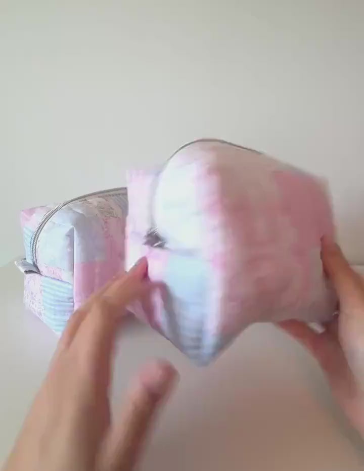 Pastel Blue Pink patchwork Makeup Bag with water-resistant lining - Square Boxy Cosmetic Case