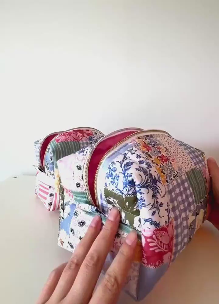 Boho Blue patchwork Makeup Bag with water-resistant lining - Square Boxy Cosmetic Case