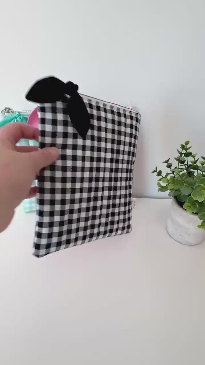 Pink, Black and Teal Gingham Quilted Kindle Sleeve: Padded Cotton E-reader Cover