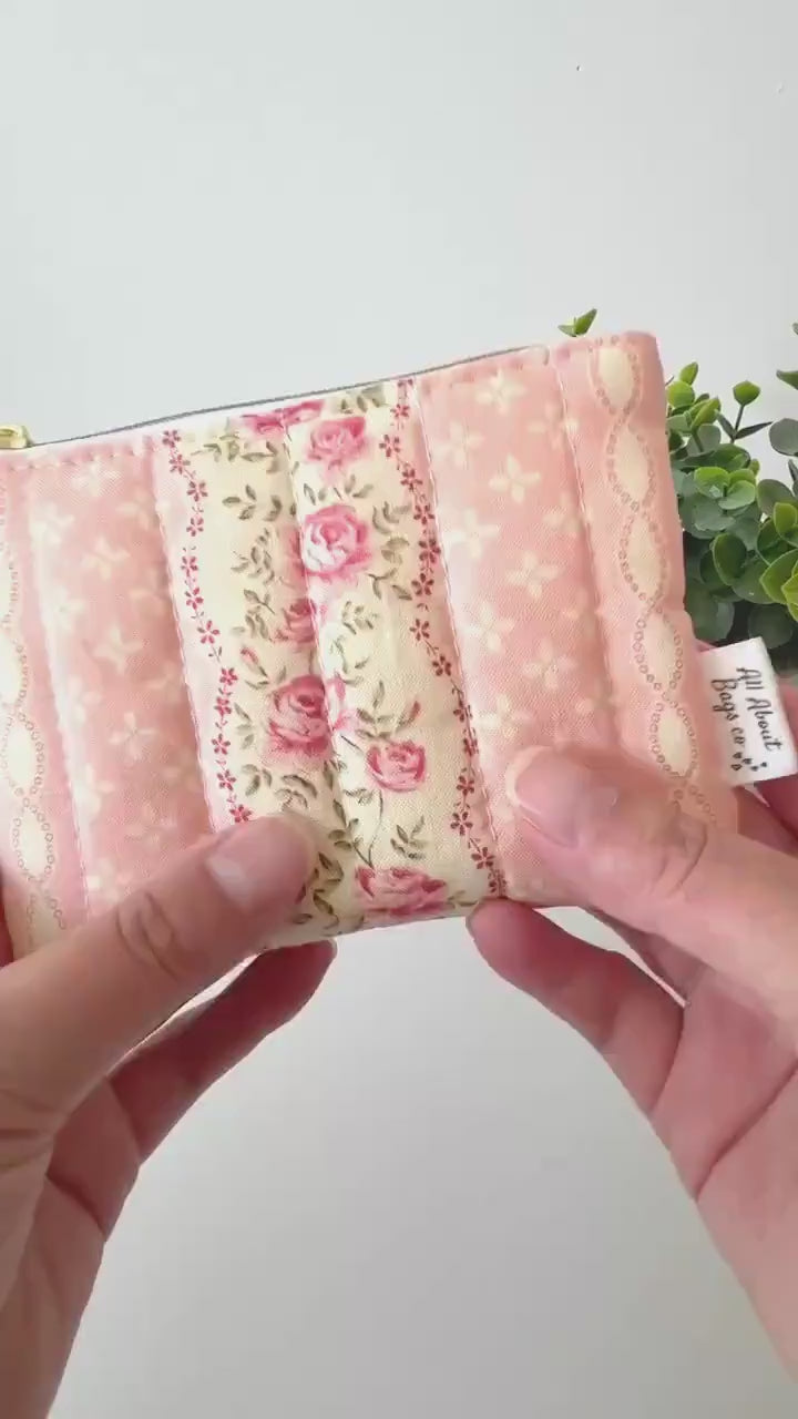 Mini Quilted Zipper Pouch: Cotton Wallet with pocket and clip