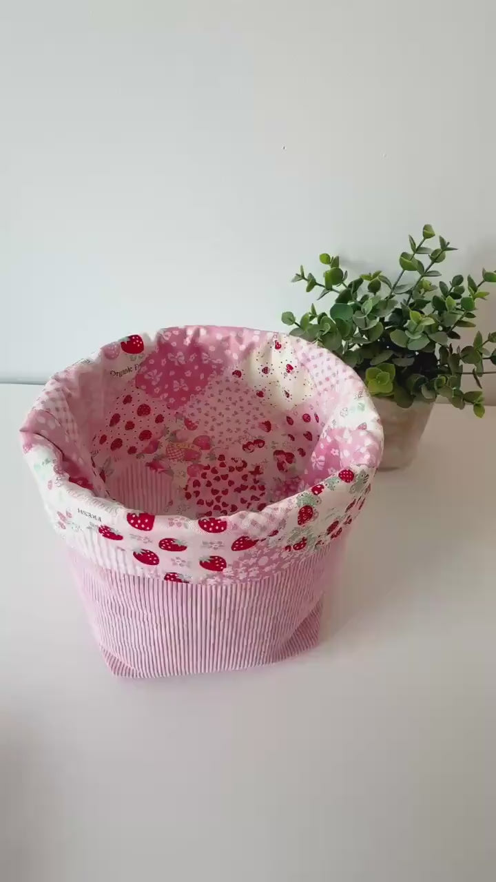 Corduroy Makeup Organizer with strawberry lining –  Cotton Vanity puff bucket