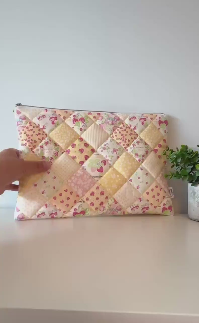 Quilted Strawberry Patchwork I pad and Laptop Sleeve, Pink Puffy Padded Case