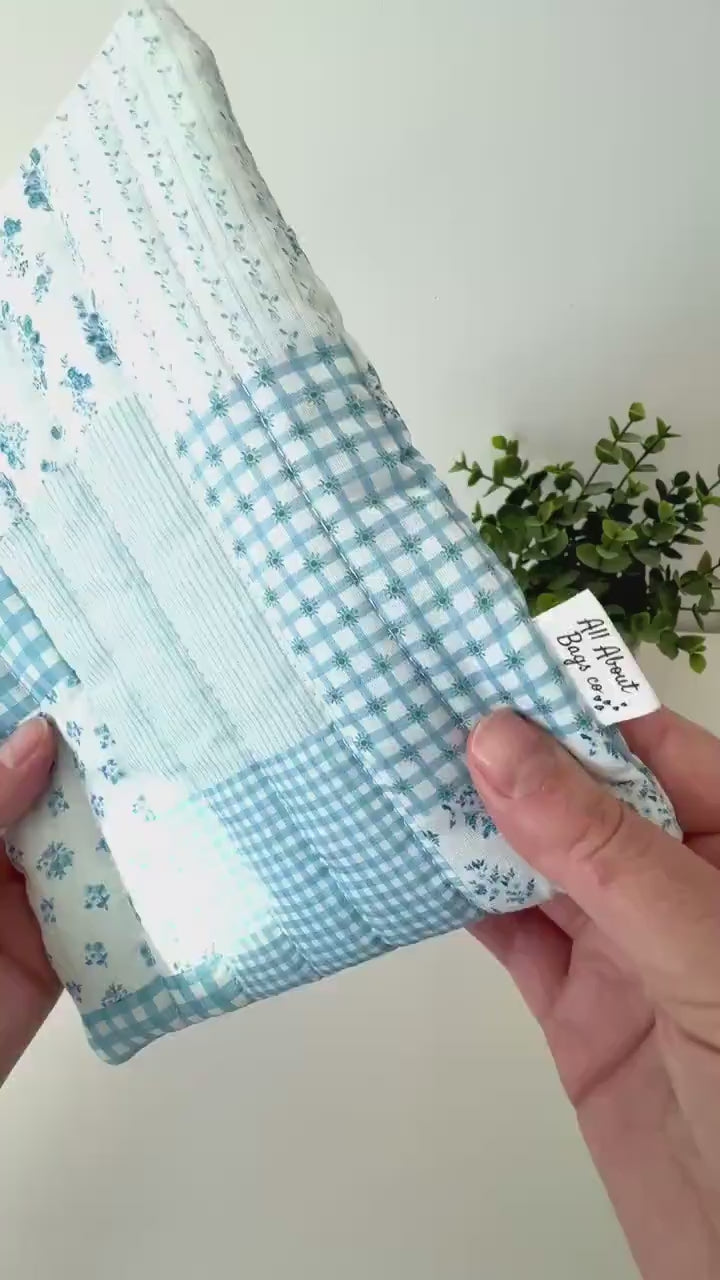 Blue Patchwork Gingham Quilted Kindle Sleeve: Quilted Cotton E-reader Cover