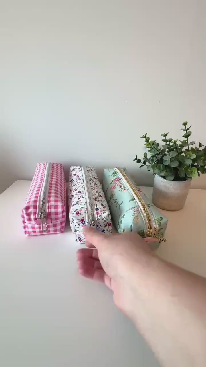 Trousse matelassée en coton, pochette zippée à motifs floraux et vichy, cadeau de papeterie, pochette en tissu kawaii