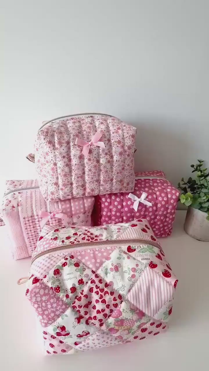 Quilted strawberry patchwork Makeup Bag with water-resistant lining