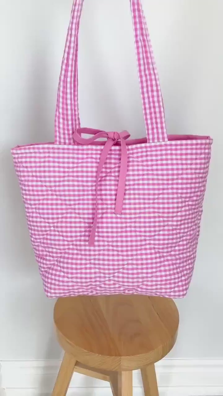 Pink Gingham Quilted Cotton Padded Tote Bag, Cottage core purse