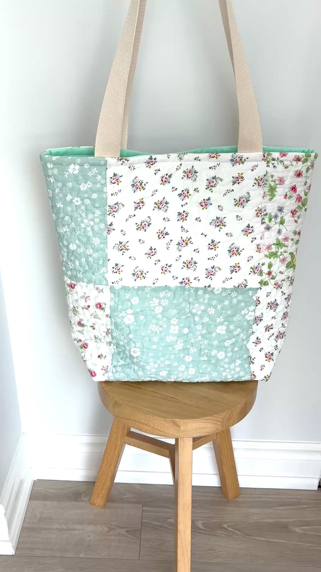 Blue Floral Patchwork Quilted Cotton Tote Bag