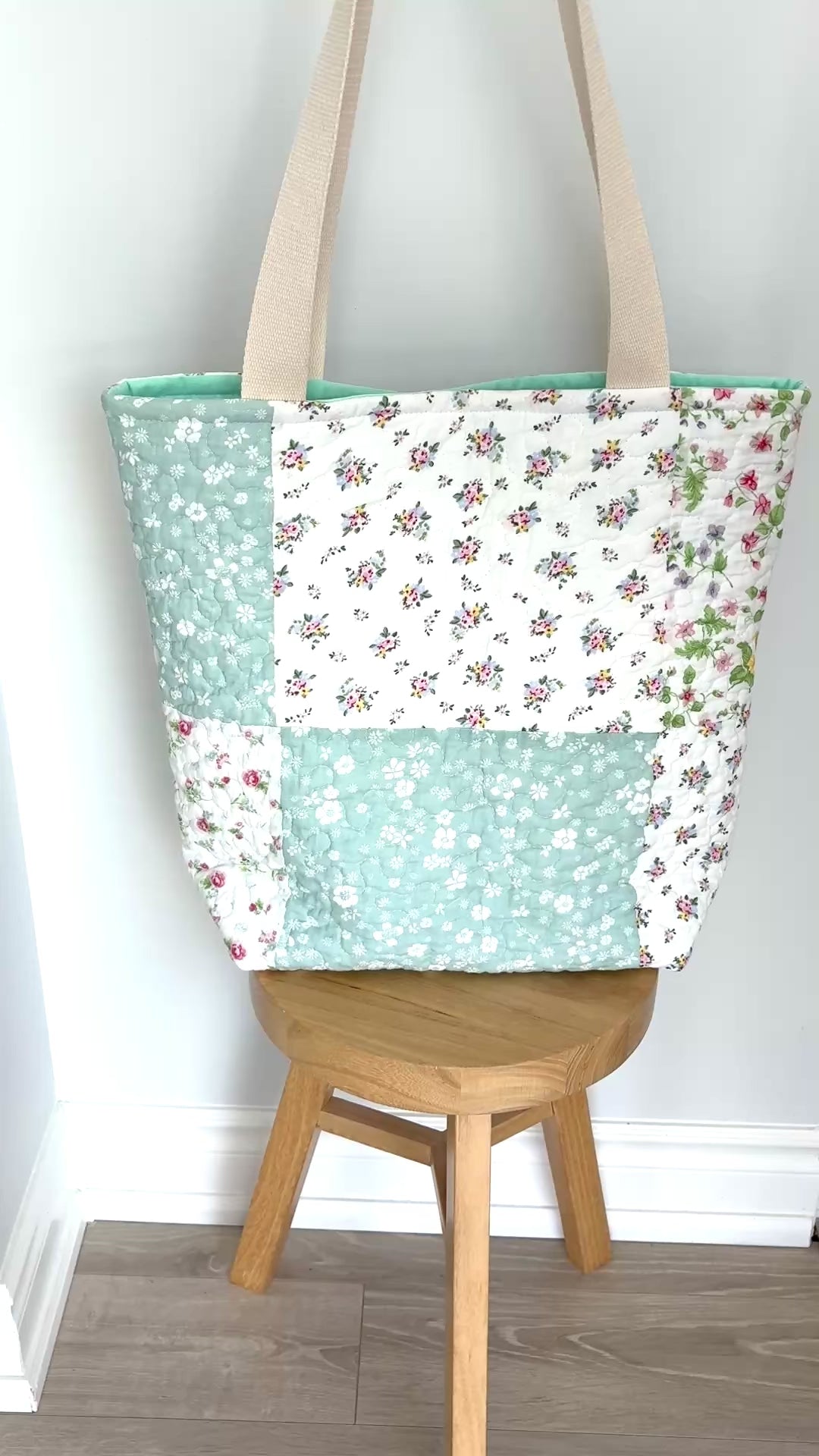 Blue Floral Patchwork Quilted Cotton Tote Bag
