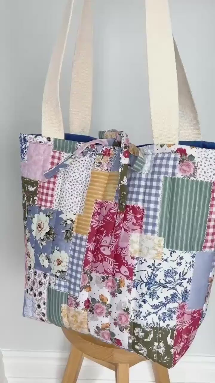 Blue Boho Patchwork Quilted Cotton Tote Bag, Cottage core purse