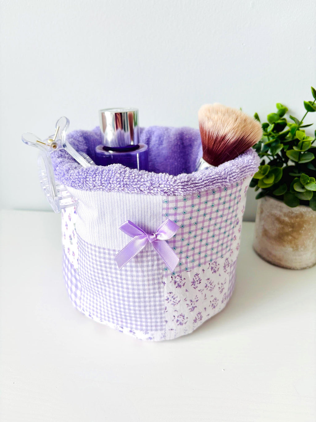 Purple Patchwork Vanity Organizer – Handmade Cotton puff basket - All About Bags Co
