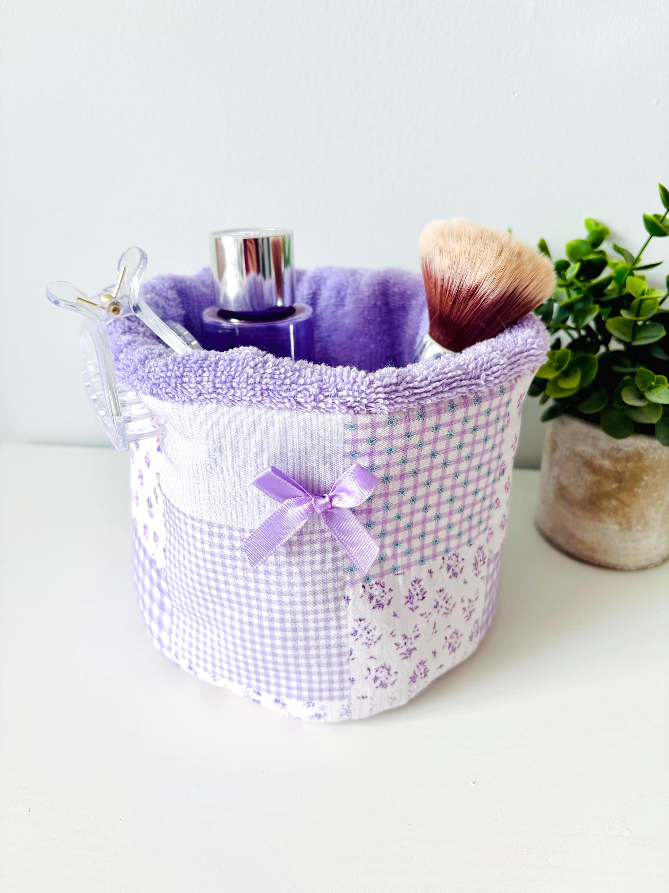 Purple Patchwork Vanity Organizer – Handmade Cotton puff basket - All About Bags Co