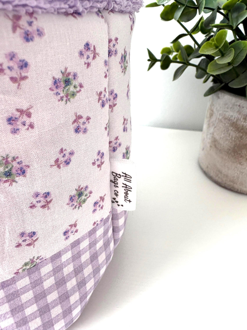 Purple Patchwork Vanity Organizer – Handmade Cotton puff basket - All About Bags Co