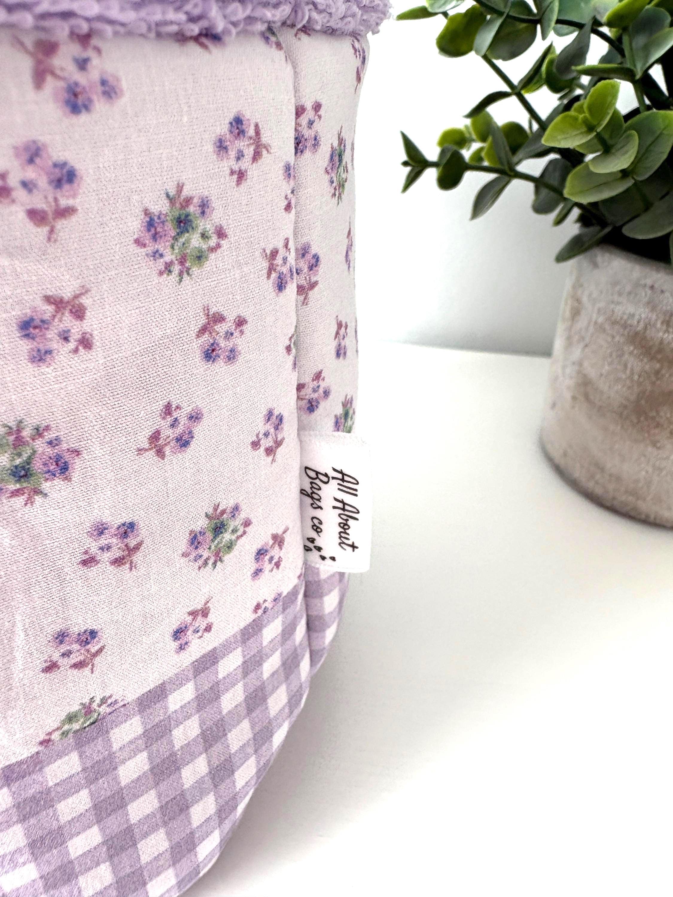 Purple Patchwork Vanity Organizer – Handmade Cotton puff basket - All About Bags Co