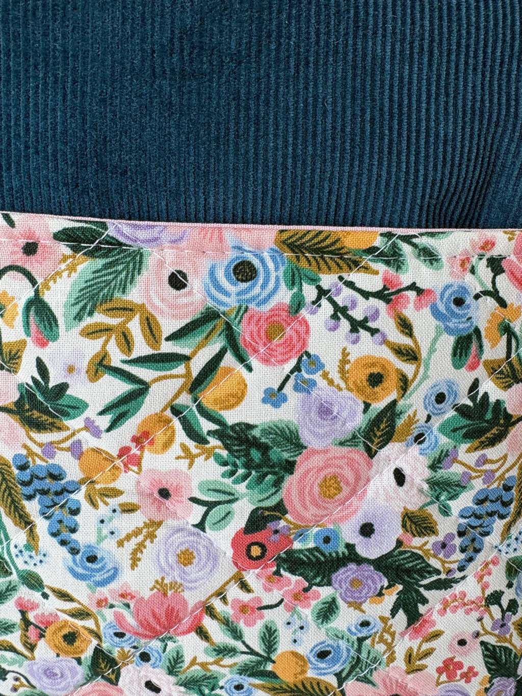 Quilted Book Sleeve: Turquoise Corduroy with Rifle Paper Co Floral Pocket - All About Bags Co