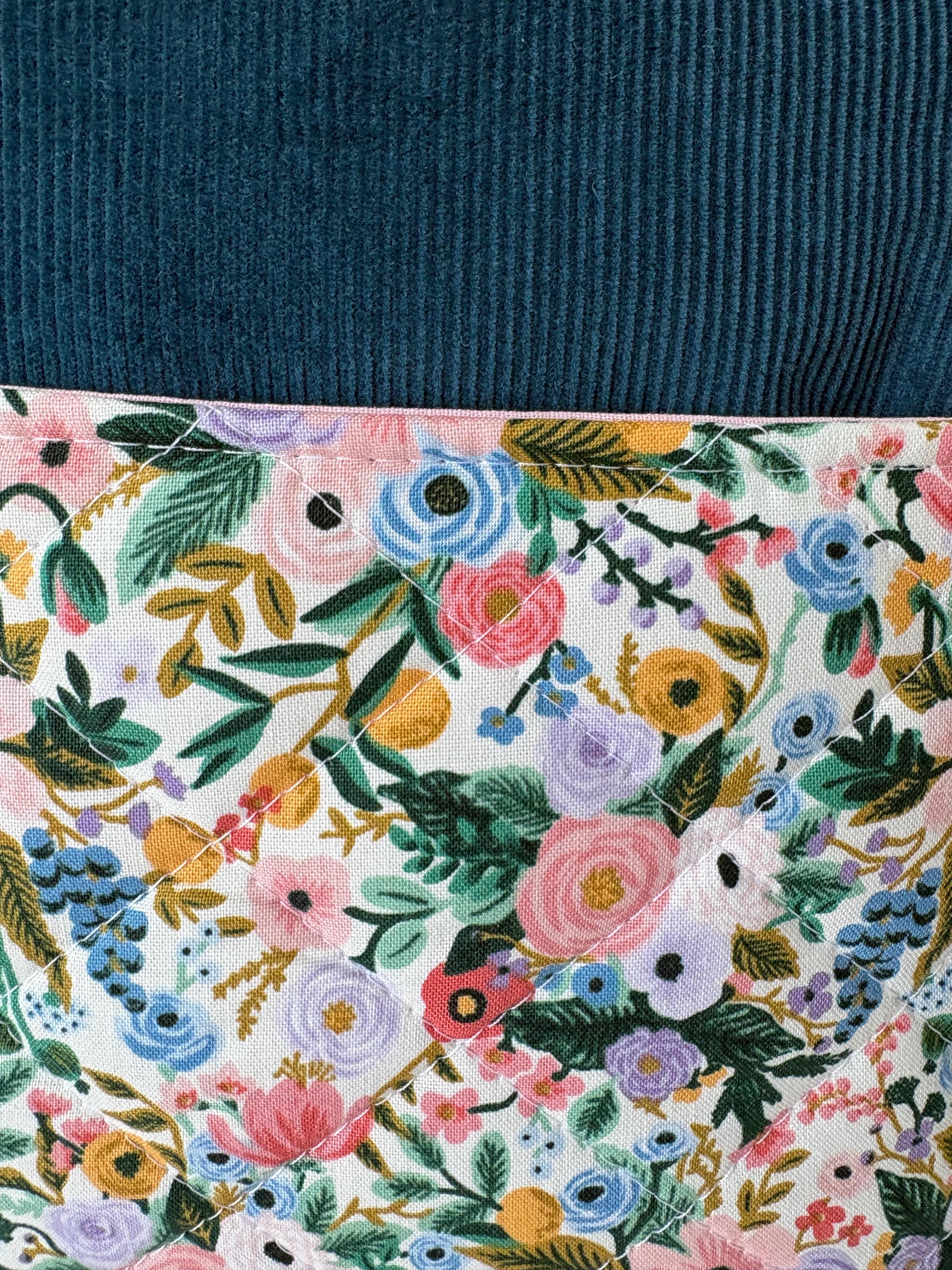 Quilted Book Sleeve: Turquoise Corduroy with Rifle Paper Co Floral Pocket - All About Bags Co