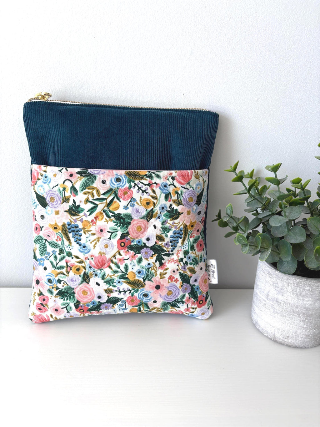 Quilted Book Sleeve: Turquoise Corduroy with Rifle Paper Co Floral Pocket - All About Bags Co