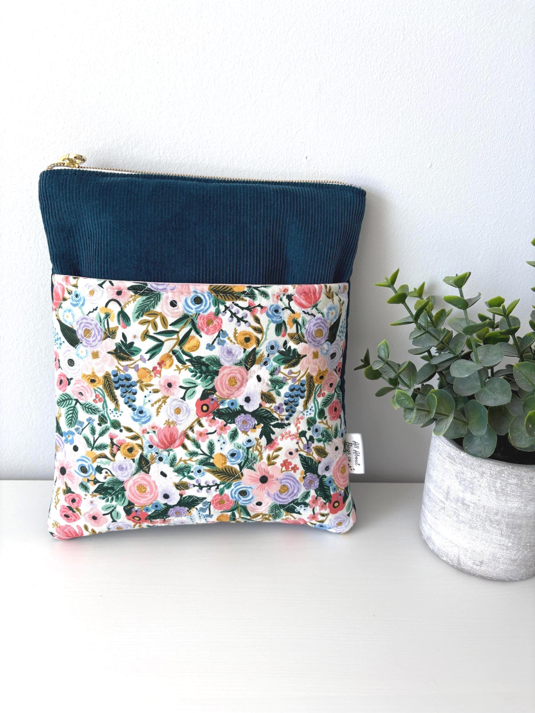 Quilted Book Sleeve: Turquoise Corduroy with Rifle Paper Co Floral Pocket - All About Bags Co