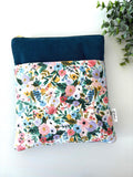 Quilted Book Sleeve: Turquoise Corduroy with Rifle Paper Co Floral Pocket - All About Bags Co