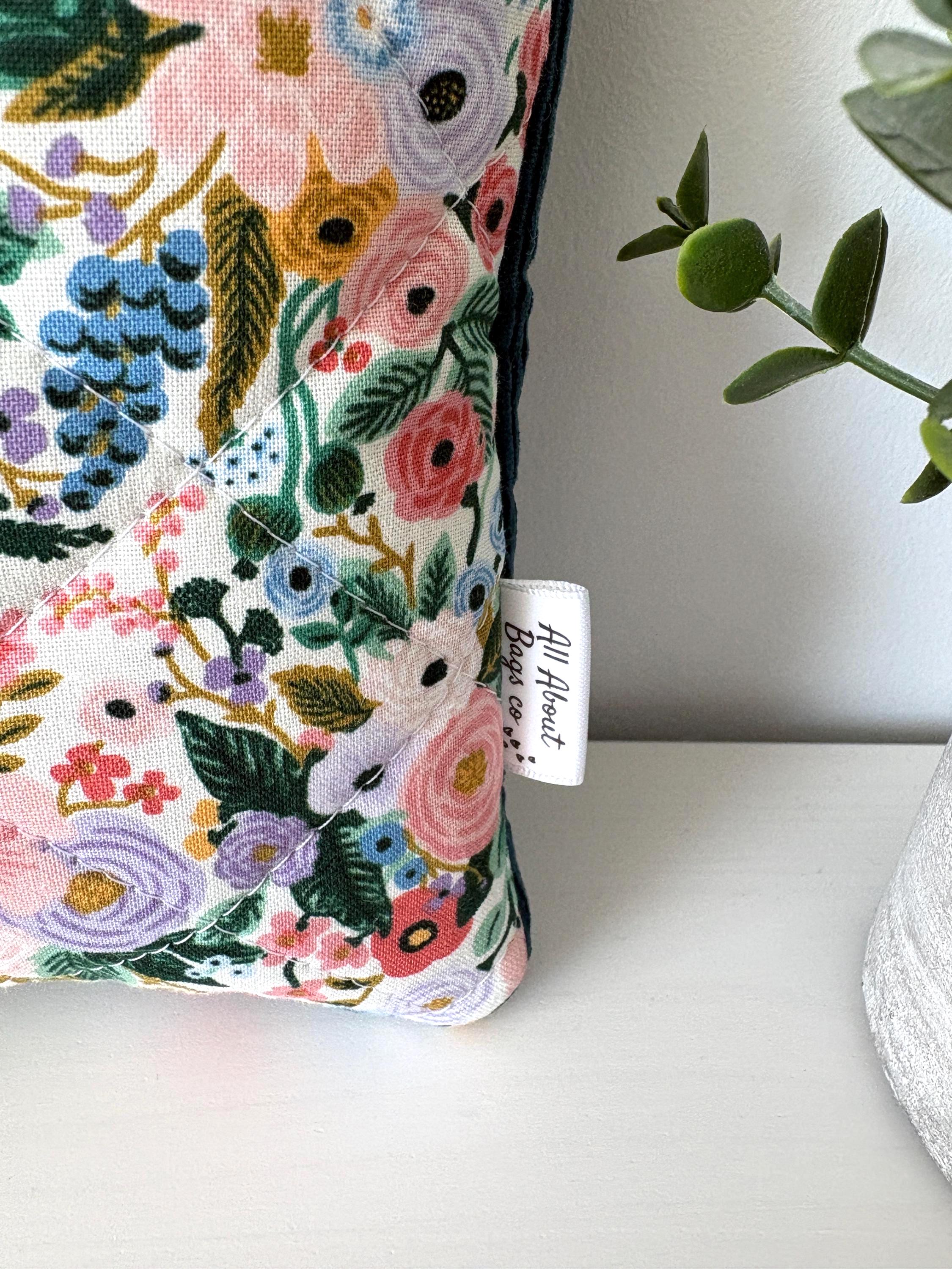 Quilted Book Sleeve: Turquoise Corduroy with Rifle Paper Co Floral Pocket - All About Bags Co