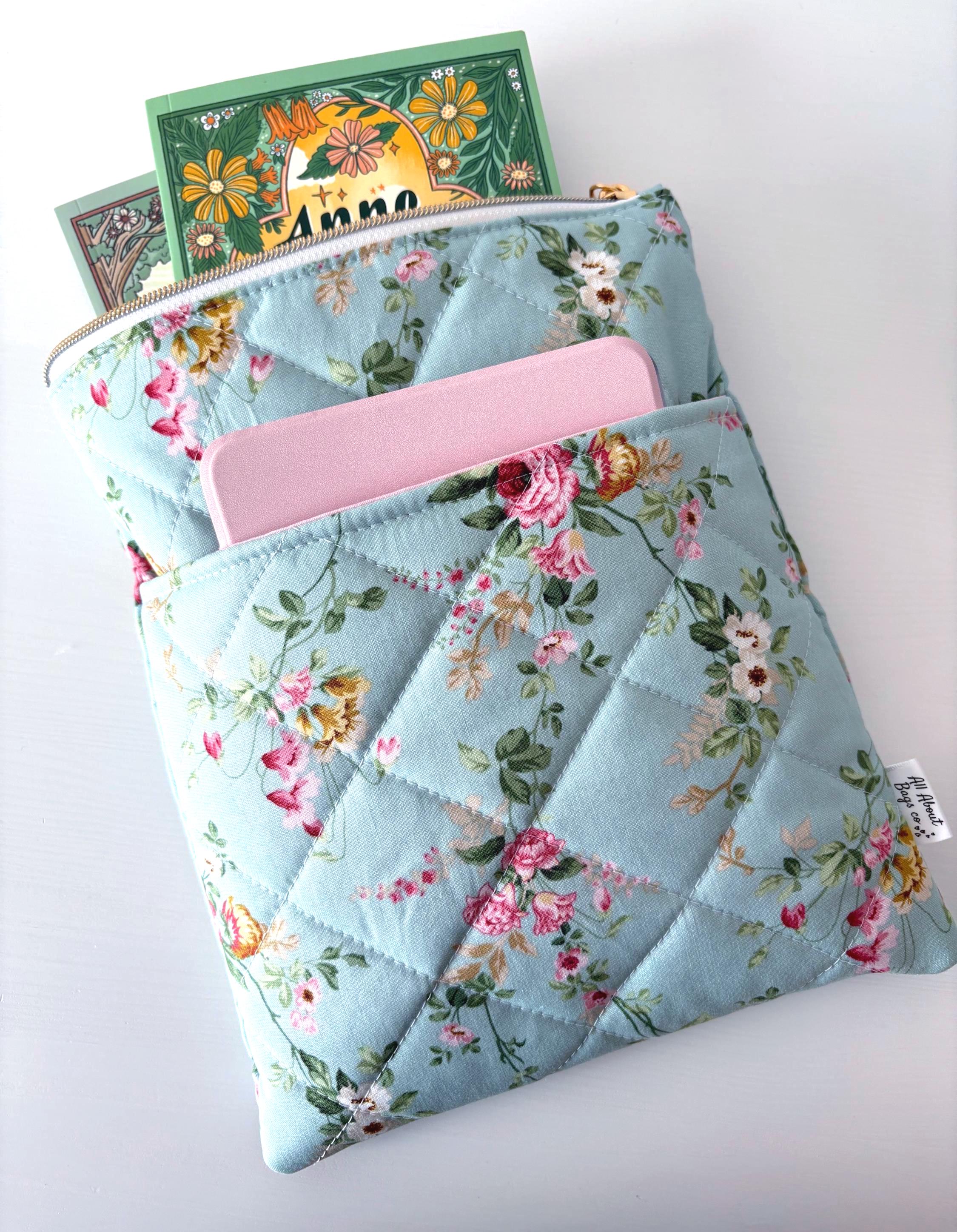 Quilted Green Floral Book Sleeve with pocket: Cottage core style, vintage florals - All About Bags Co
