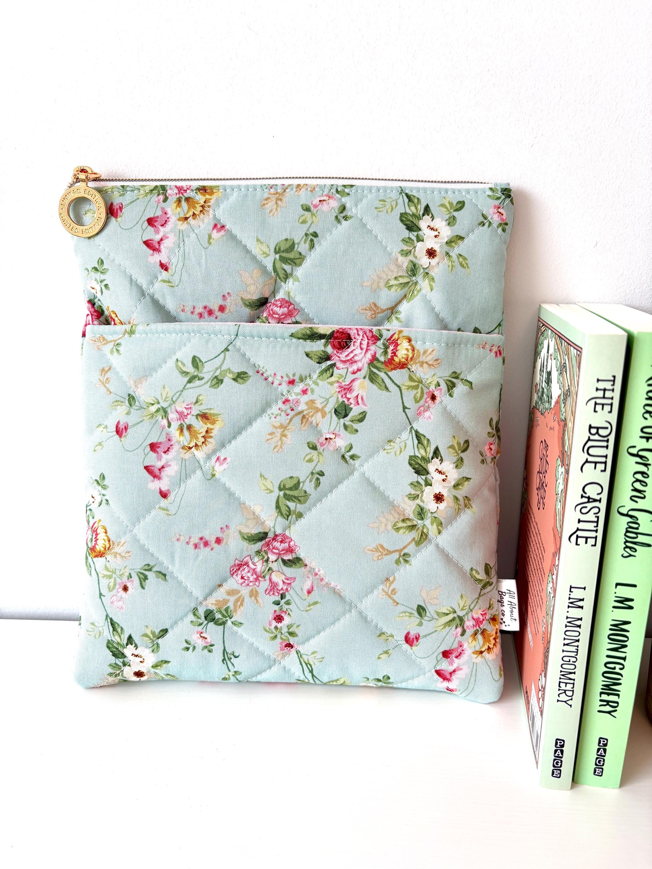 Quilted Green Floral Book Sleeve with pocket: Cottage core style, vintage florals - All About Bags Co