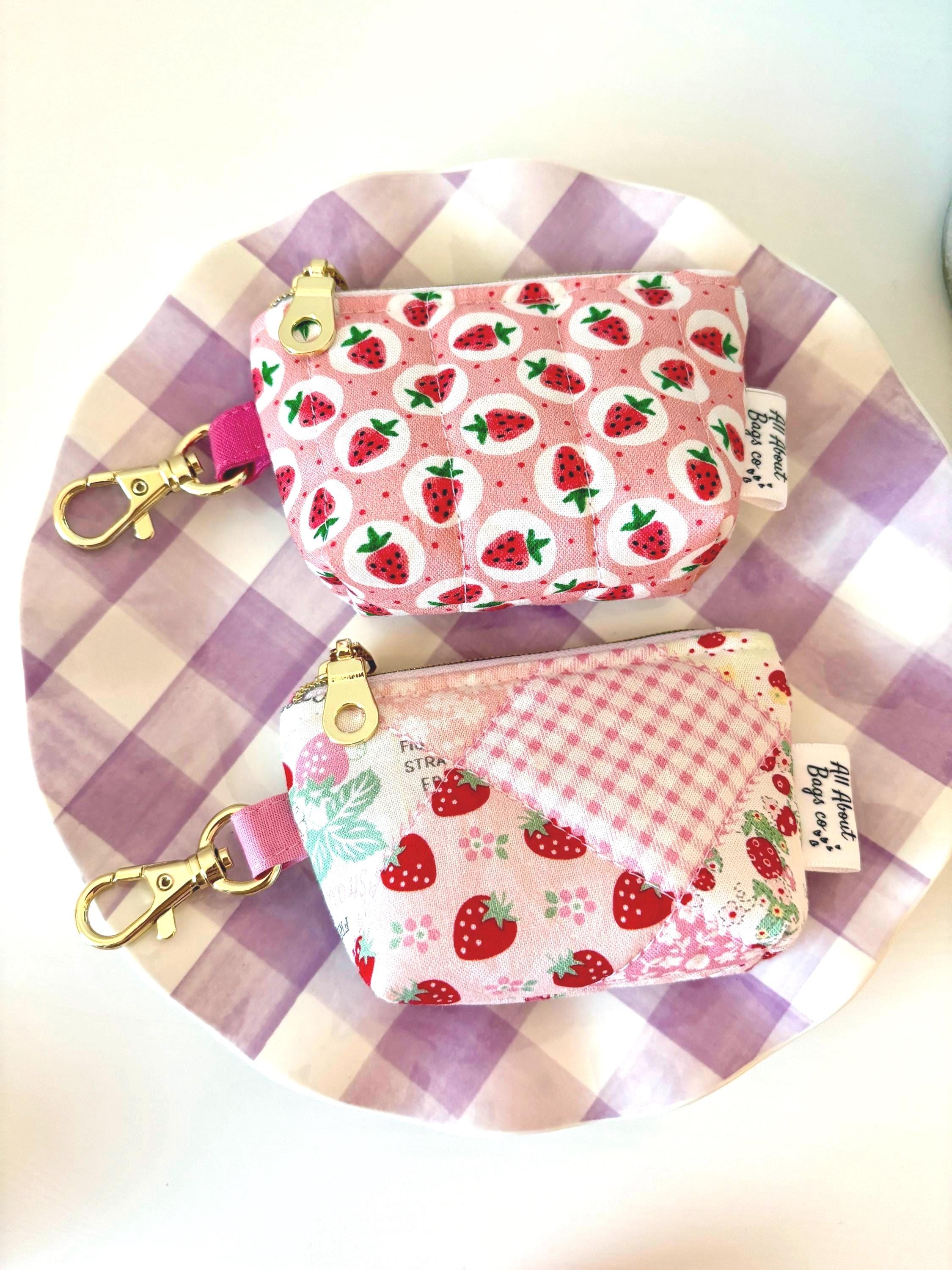 Quilted handmade Air pods/ Pro Case with clip: Strawberry Patchwork mini tote bag charm - All About Bags Co