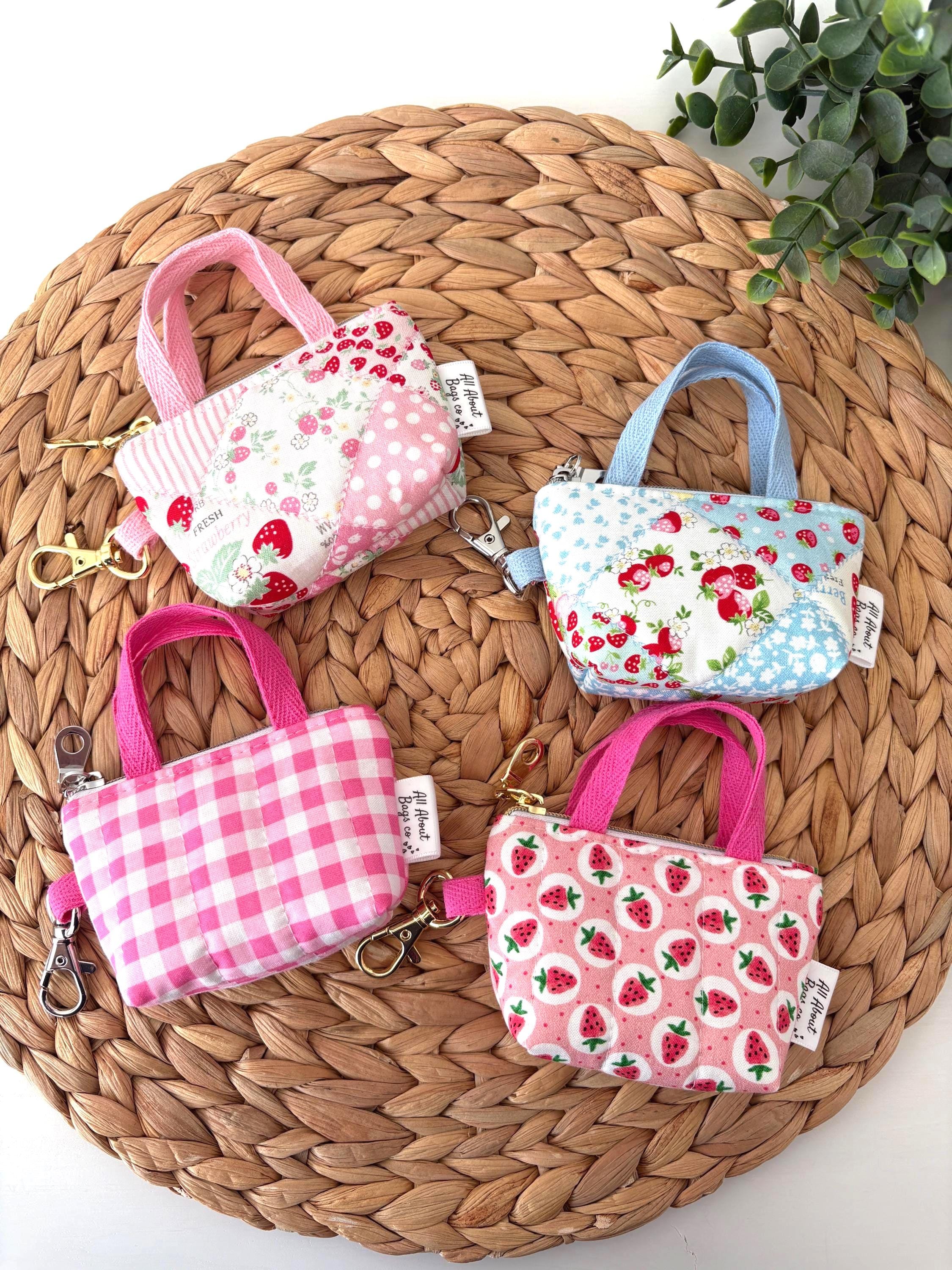 Quilted handmade Air pods/ Pro Case with clip: Strawberry Patchwork mini tote bag charm - All About Bags Co