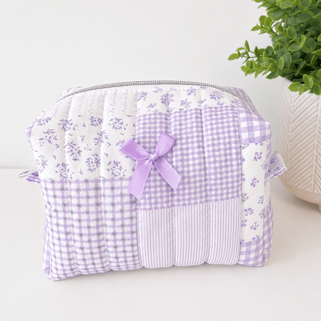 Quilted Makeup Bag | Purple Patchwork | Water-Resistant Lining - All About Bags Co