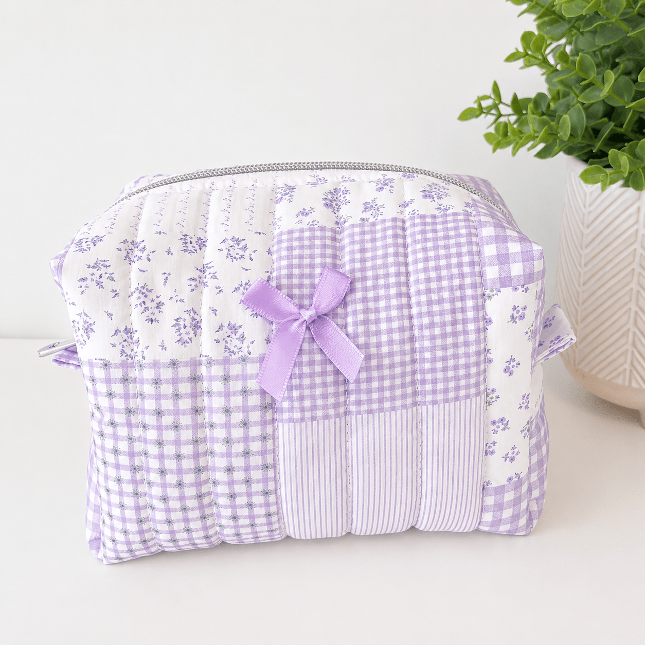 Quilted Makeup Bag | Purple Patchwork | Water-Resistant Lining - All About Bags Co