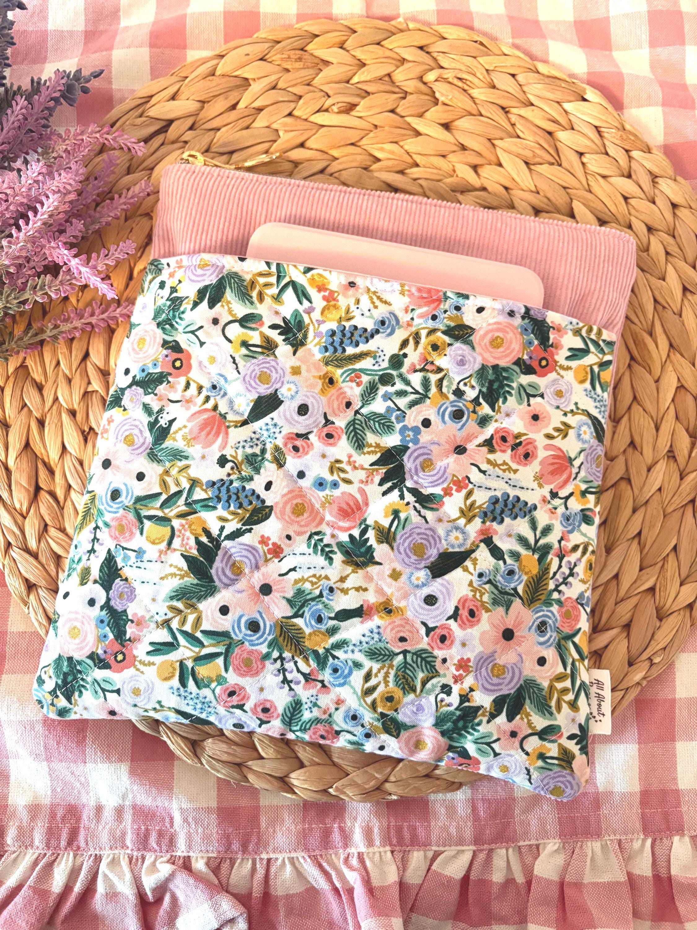 Quilted Personalized Book Sleeve: Pink Corduroy with Rifle Paper Co Floral Pocket - All About Bags Co