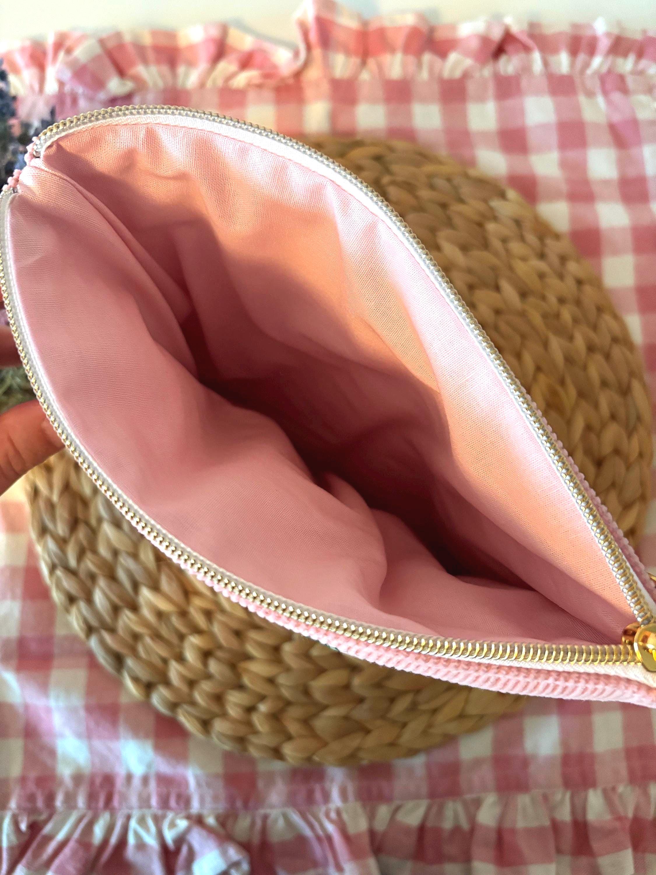 Quilted Personalized Book Sleeve: Pink Corduroy with Rifle Paper Co Floral Pocket - All About Bags Co